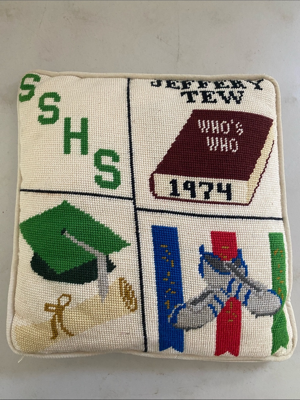 Vintage handmade needlepoint decorative pillow throw graduation 1974 track